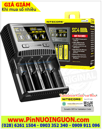 Nitecore SC4, Máy sạc Nitecore SC4 với 04 Khe sạc, màn hình LCD _Đo dung lượng pin _tự tắt điện khi pin đầy (Sạc pin NiMh, Lithium)